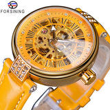 Forsining Fashion Vrouwen Diamond Skeleton Display Design Waterdichte Luxe Lady Automatische Horloges Lichtgevende Handen Echt Leer