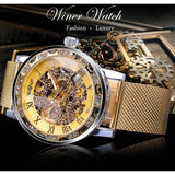 Winnaar Merk Golden Mannen Mechanische Horloge Hand Winding Skeleton Strass Mesh Stalen Band Band Mannelijke Horloge Relogio Dropship