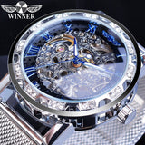 Winnaar Gouden Horloges Mannen Skelet Mechanische Horloge Crystal Mesh Slim Rvs Band Top Merk Luxe Hand Wind Horloge