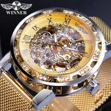 Winnaar Merk Golden Mannen Mechanische Horloge Hand Winding Skeleton Strass Mesh Stalen Band Band Mannelijke Horloge Relogio Dropship