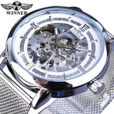 Winnaar Classic Mannen Mechanische Skeleton Black Golden Slanke Analoge Mesh Stalen Band Mens Casual Dress Horloge Klok Voor Man