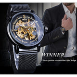 Winnaar Classic Mannen Mechanische Skeleton Black Golden Slanke Analoge Mesh Stalen Band Mens Casual Dress Horloge Klok Voor Man