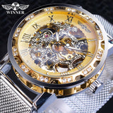 Winnaar Gouden Horloges Mannen Skelet Mechanische Horloge Crystal Mesh Slim Rvs Band Top Merk Luxe Hand Wind Horloge