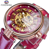 Forsining Fashion Vrouwen Diamond Skeleton Display Design Waterdichte Luxe Lady Automatische Horloges Lichtgevende Handen Echt Leer