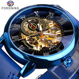 Forsining Transparant Blauw Mannen Mechanisch Horloge Ultra Dunne Analoge Hand Wind Lederen Band Sport Toevallige Mannelijke Reloj Hombre