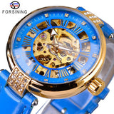 Forsining Fashion Vrouwen Diamond Skeleton Display Design Waterdichte Luxe Lady Automatische Horloges Lichtgevende Handen Echt Leer