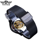 Winnaar Classic Mannen Mechanische Skeleton Black Golden Slanke Analoge Mesh Stalen Band Mens Casual Dress Horloge Klok Voor Man