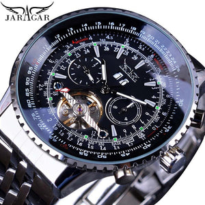 Jaragar Aviator Serie Zilver Rvs Toubillion Ontwerp Schaal Dial Heren Horloges Top Brand Luxe Automatische Horloge Klok