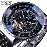 Jaragar Aviator Serie Zilver Rvs Toubillion Ontwerp Schaal Dial Heren Horloges Top Brand Luxe Automatische Horloge Klok