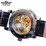 Winnaar Black Golden Retro Lichtgevende Handen Mode Diamant Display Mens Mechanisch Skeleton Horloges Topmerk Luxe Klok