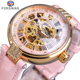 Forsining Fashion Vrouwen Diamond Skeleton Display Design Waterdichte Luxe Lady Automatische Horloges Lichtgevende Handen Echt Leer