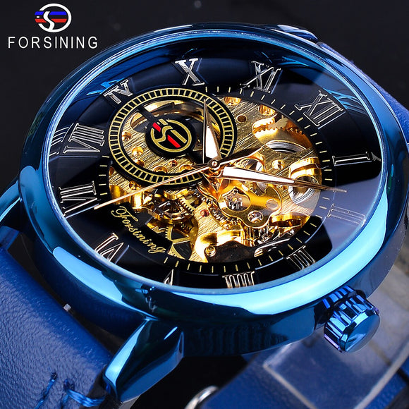 Forsining Transparant Blauw Mannen Mechanisch Horloge Ultra Dunne Analoge Hand Wind Lederen Band Sport Toevallige Mannelijke Reloj Hombre