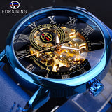 Forsining Transparant Blauw Mannen Mechanisch Horloge Ultra Dunne Analoge Hand Wind Lederen Band Sport Toevallige Mannelijke Reloj Hombre