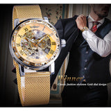 Winnaar Merk Golden Mannen Mechanische Horloge Hand Winding Skeleton Strass Mesh Stalen Band Band Mannelijke Horloge Relogio Dropship