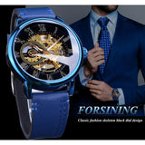 Forsining Transparant Blauw Mannen Mechanisch Horloge Ultra Dunne Analoge Hand Wind Lederen Band Sport Toevallige Mannelijke Reloj Hombre