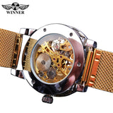 Winnaar Merk Golden Mannen Mechanische Horloge Hand Winding Skeleton Strass Mesh Stalen Band Band Mannelijke Horloge Relogio Dropship