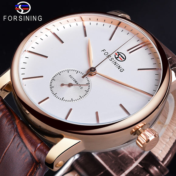 Forsining Rose Goud Mannelijke Mechanisch Horloge Eenvoudige Minimalisme Designer Business Echt Bruin Lederen Mans Klokuur Reloj Hombre