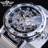 Winnaar Gouden Horloges Mannen Skelet Mechanische Horloge Crystal Mesh Slim Rvs Band Top Merk Luxe Hand Wind Horloge