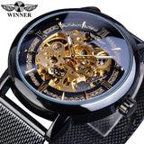 Winnaar Classic Mannen Mechanische Skeleton Black Golden Slanke Analoge Mesh Stalen Band Mens Casual Dress Horloge Klok Voor Man