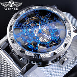 Winnaar Gouden Horloges Mannen Skelet Mechanische Horloge Crystal Mesh Slim Rvs Band Top Merk Luxe Hand Wind Horloge