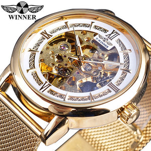 Winnaar Classic Mannen Mechanische Skeleton Black Golden Slanke Analoge Mesh Stalen Band Mens Casual Dress Horloge Klok Voor Man