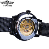 Winnaar Classic Mannen Mechanische Skeleton Black Golden Slanke Analoge Mesh Stalen Band Mens Casual Dress Horloge Klok Voor Man