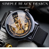 Winnaar Classic Mannen Mechanische Skeleton Black Golden Slanke Analoge Mesh Stalen Band Mens Casual Dress Horloge Klok Voor Man