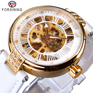 Forsining Fashion Vrouwen Diamond Skeleton Display Design Waterdichte Luxe Lady Automatische Horloges Lichtgevende Handen Echt Leer