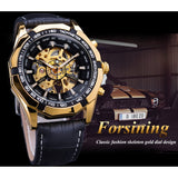 Forsining Golden Black Skeleton Klok Twee Knop Decoratie Mechanische Horloges voor Mannen Zwart Lederen Lichtgevende Handen