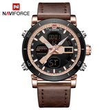 NAVIFORCE Mannen Dual Display Quartz Horloge mannen Goud Lederen Militaire Sport Klok Mannelijke LED Analoge Digitale Horloge Relogio Masculino