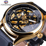 Forsining Mens Black Skeleton Mechanische Horloges Lederen Band Holle Lichtgevende Hand Winding Horloge Mannelijke Uur Relogio Klok