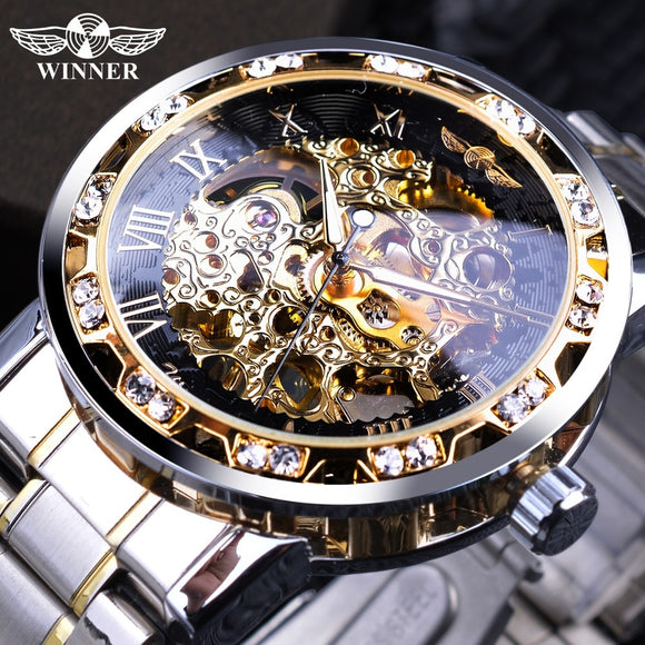 Winnaar Transparant Mode Diamant Display Lichtgevende Handen Versnelling Beweging Retro Royal Ontwerp Mannen Mechanische Skeleton Horloges