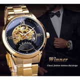 Winnaar Automatische Mannen Horloge Golden Zwart Transparant Skeleton Mechanische Business Rvs Horloges Relogio Masculino