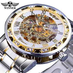 Winnaar Golden Skeleton Horloges Luxe Diamant Ontwerp Zilver Rvs heren Mechanische Horloges Lichtgevende Mannelijke Klok