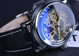 2016 Forsining Luxe Blauw Glas Black Lederen Band Half Skeleton Ontwerp Silver Case Mannen Horloges Topmerk Luxe Horloge