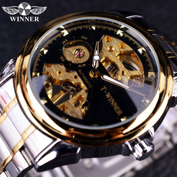 Winnaar 2016 Nieuwe Ontwerp Mannen Horloges Topmerk Luxe Horloge Half Skeleton Black Golden Transparante Mode Toevallige Mechanische Horloge