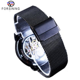 Forsining 2019 Gouden Romeinse Nummer Fashion Black Mesh Riem Skelet Klok Mannelijke Mechanische Horloges voor Mannen Top Merk Luxe