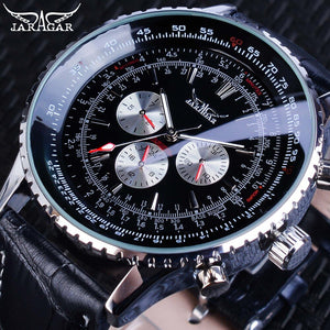 Jaragar AVIGATOR Serie Zwart Lederen Riem 3 Dial Mode Mannen Militaire Automatische Mechanische Horloge Top Merk Luxe