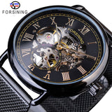 Forsining 2019 Gouden Romeinse Nummer Fashion Black Mesh Riem Skelet Klok Mannelijke Mechanische Horloges voor Mannen Top Merk Luxe