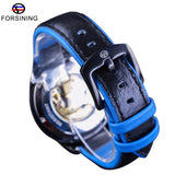 Forsining Blauw Lederen Militaire Automatische Sport Horloge Transparante Open Werk Skeleton Mannen Horloge Topmerk Luxe