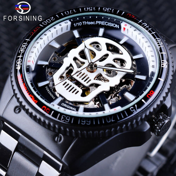 Forsining Klok Sport Serie Schedel Lichtgevende Ontwerp Zwart Roestvrij Staal Skeleton Horloge mannen Automatische Horloges Top Merk