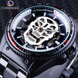 Forsining Klok Sport Serie Schedel Lichtgevende Ontwerp Zwart Roestvrij Staal Skeleton Horloge mannen Automatische Horloges Top Merk