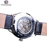 Forsining Luxe Brand Fashion Mechanische Horloges Lederen Band Heren Wit Hand Winding Skeleton Silver Case Klok Reloj Hombre