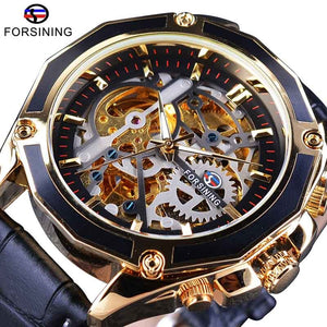 Forsining Transparante Luxe Gear Steampunk Bruin Lederen Riem Gouden Beweging Binnenkant Self Winding Automatische Polshorloge