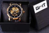 Winnaar Golden Bezel Zwarte Wijzerplaat Jurk Mannen Horloges Topmerk Luxe Automatische Horloge Mechanische Skeleton Mannen Horloges Klok Mannen