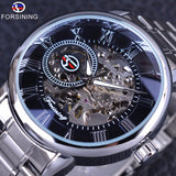 Forsining klassieke retro serie 3d logo display zilver rvs skeleton dial heren horloge topmerk luxe mechanische horloge