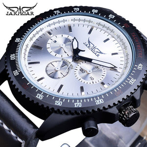 Jaragar Sport Racing Ontwerp Zwart Lederen Blauw 3 Wijzerplaat Leger Mechanische Mens Automatische Horloge Topmerk Luxe Klok