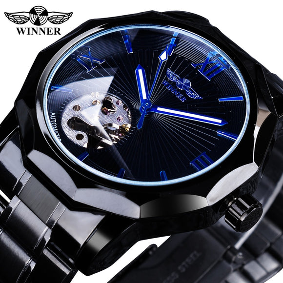 Winnaar 2019 Zwart Roestvrij Staal Fashion Blauwe Handen Mens Mechanische Horloge Top Merk Luxe Onregelmatige Vorm Wijzerplaat Lichtgevende Handen