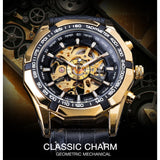 Forsining Golden Black Skeleton Klok Twee Knop Decoratie Mechanische Horloges voor Mannen Zwart Lederen Lichtgevende Handen