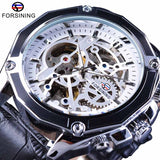 Forsining Transparante Luxe Gear Steampunk Bruin Lederen Riem Gouden Beweging Binnenkant Self Winding Automatische Polshorloge